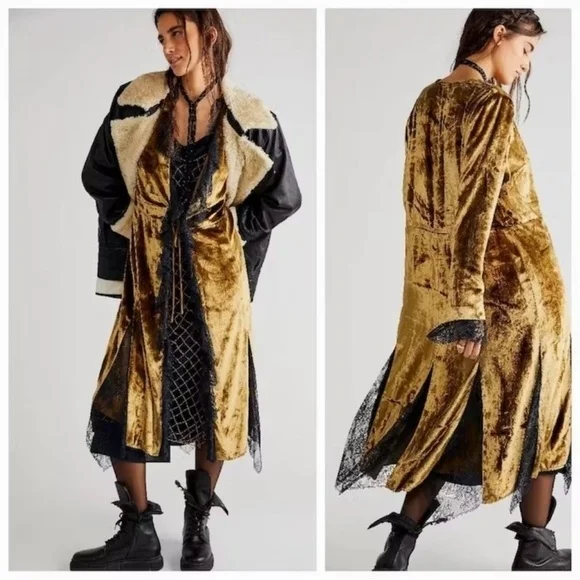 Free People Raveena Gold Velvet Duster Jacket Medium - Picture 8 of 9